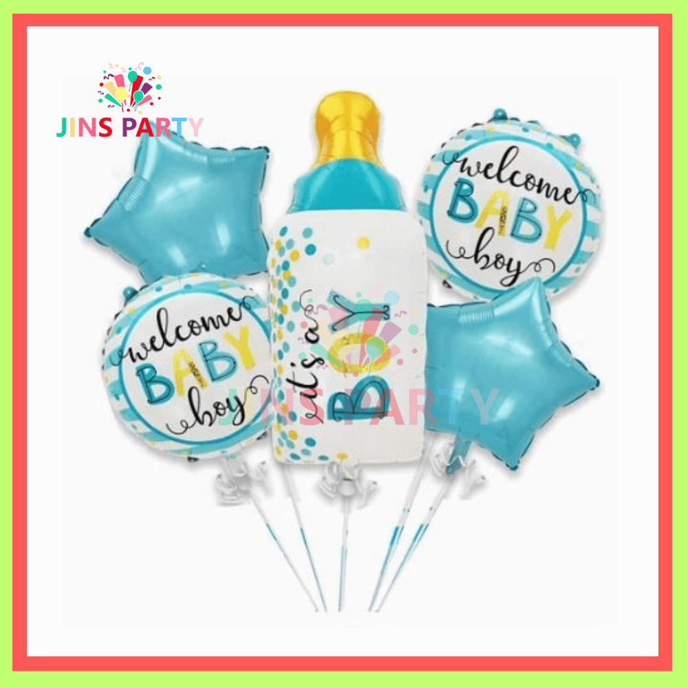 Welcome Baby Boy Theme Pack Of 5 Foil Balloons, Perfect For Theme Decoration, Celebration, And Parties.