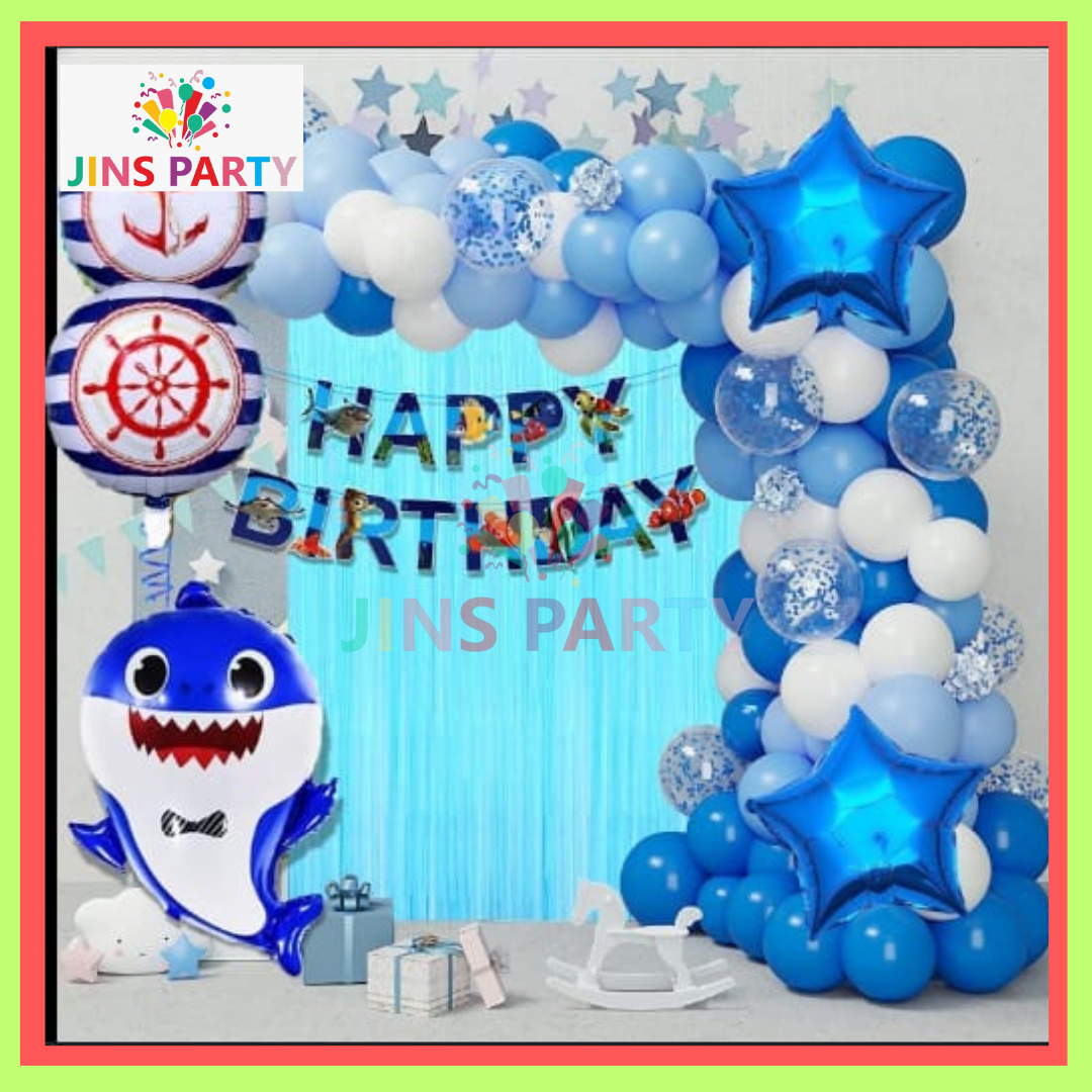 Blue Baby Shark Birthday Theme Set For Birthday Party & Decorations