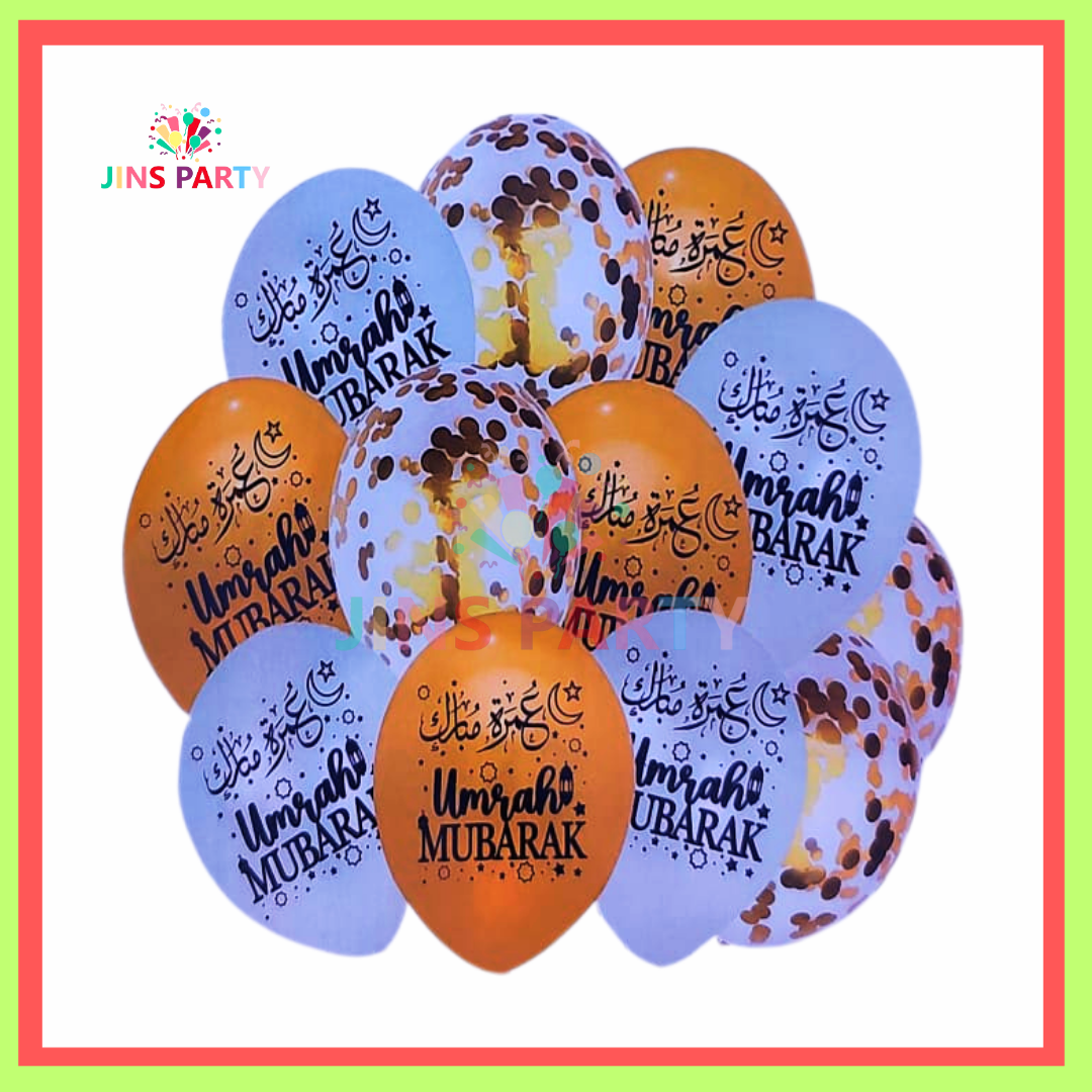 Umrah Mubarak 12 Pcs Set Latex Balloon, With Confetti Filled Balloons For Party Decoration