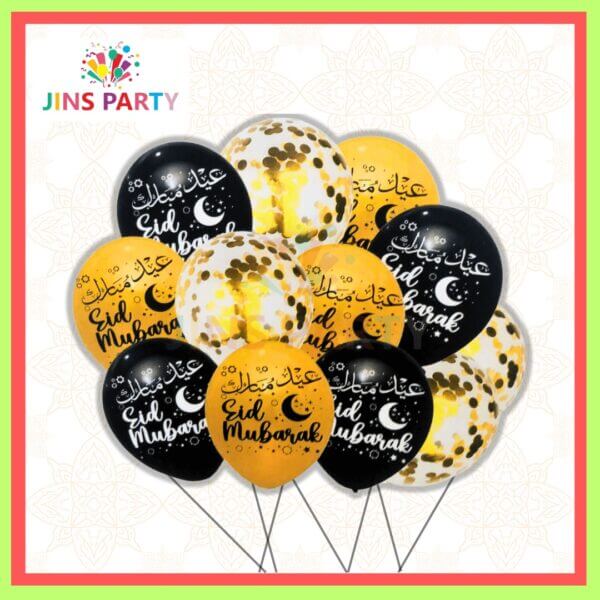 Eid Mubarak 12 Pcs Set Latex Balloon, With Confetti Filled Balloons For Party Decoration